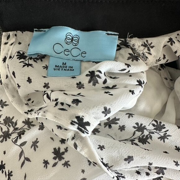 Cece Black White Floral print Sleeveless Collar Blouse Casual Tops M - Picture 2 of 6